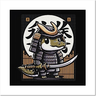 Kawaii Samurai Animal Crocodile Alligator with Katana Cute Japanese Background Word Kanji Posters and Art